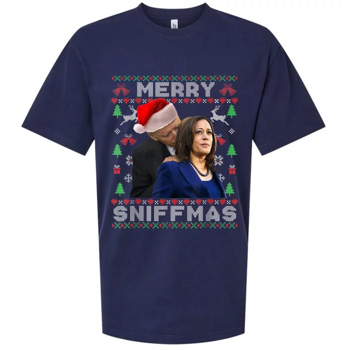 Merry Sniffmas Christmas Anti Biden Kamala Ugly Xmas Sweater Sueded Cloud Jersey T-Shirt