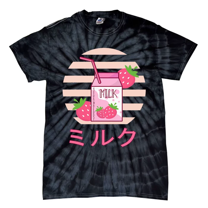 Milk Shake Carton Funny Japanese Kawaii Strawberry Retro 90s Tie-Dye T-Shirt