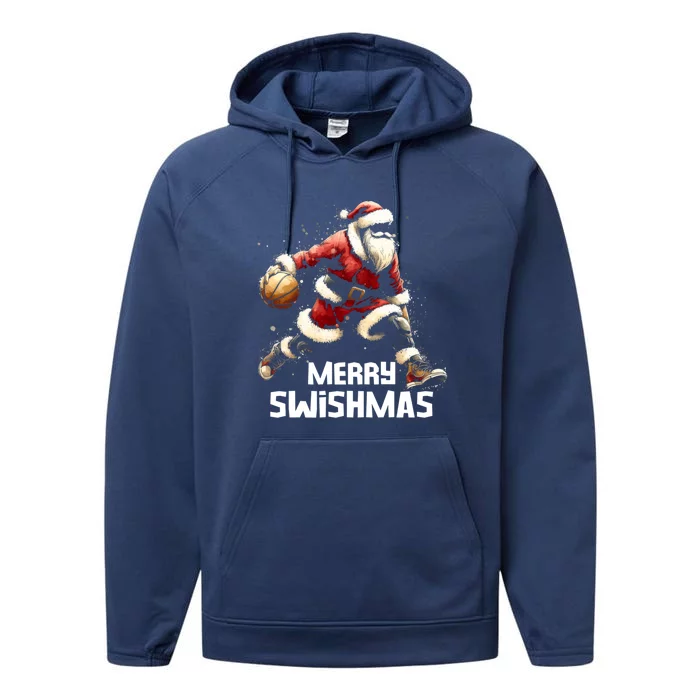 Merry Swishmas Christmas Funny Santa Basketball Player Xmas Gift Performance Fleece Hoodie