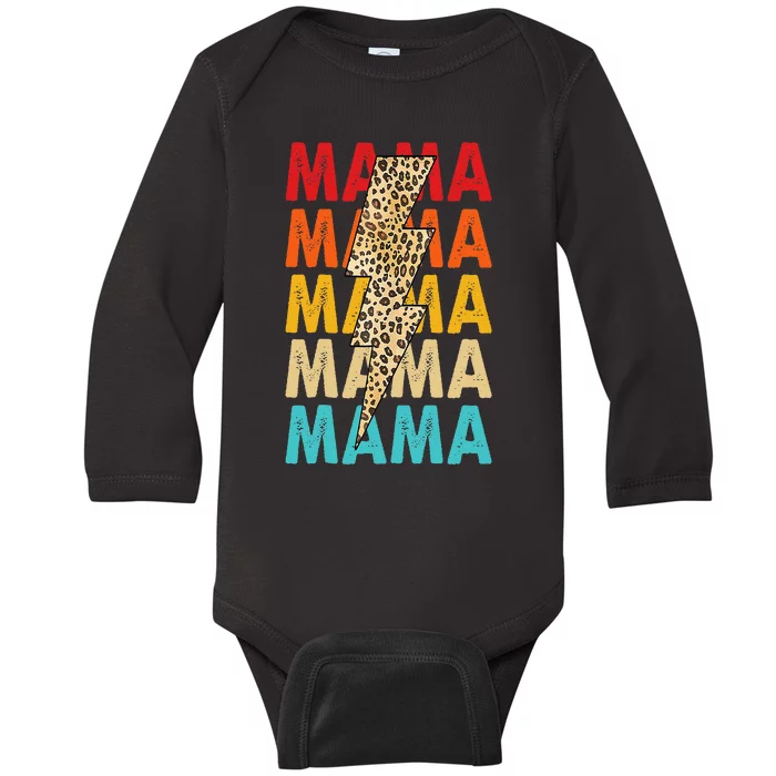 Mama Stacked Distressed Cheetah Leopard Lightning Bolt Mom Baby Long Sleeve Bodysuit