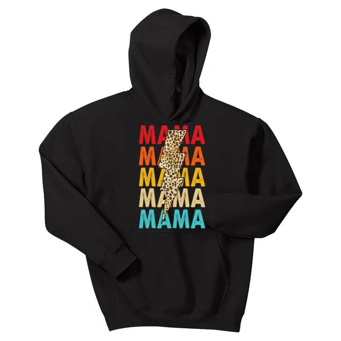 Mama Stacked Distressed Cheetah Leopard Lightning Bolt Mom Kids Hoodie