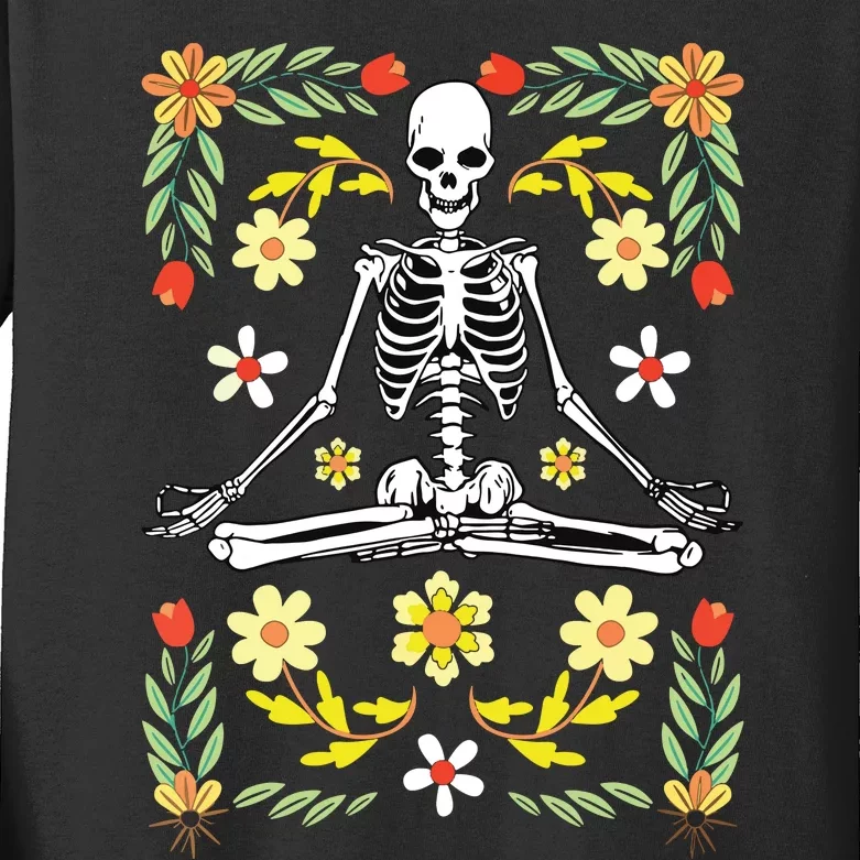 Meditating Skeleton Dia De Los Muertos Mexican Day Of Dead Kids Long Sleeve Shirt