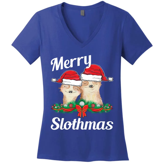 Merry Slothmas Funny Christmas Sloth Lover Pajama Family Funny Gift Women's V-Neck T-Shirt