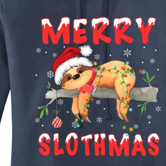 Merry Slothmas Funny Gift Merry Christmas Pajama Sloth Santa Hat Gift Women's Pullover Hoodie