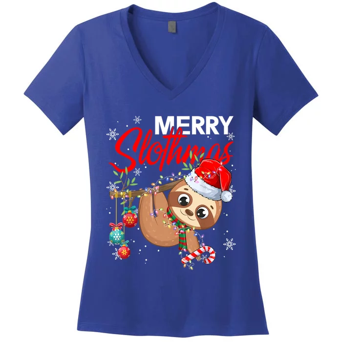 Merry Slothmas Funny Christmas Lights Pajama For Sloth Lover Great Gift Women's V-Neck T-Shirt