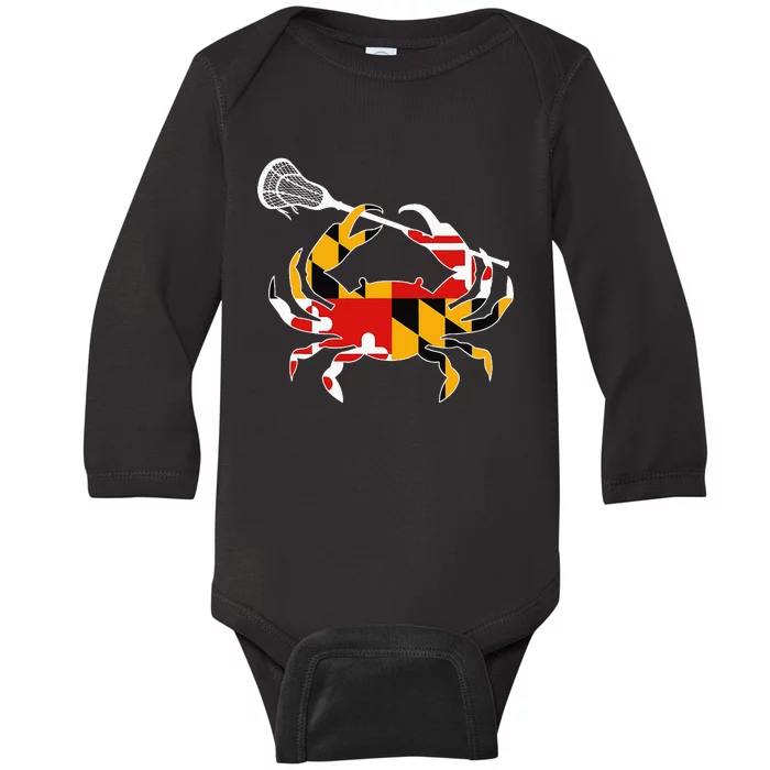 Maryland State Flag Crab Lacrosse Complete Stick Baby Long Sleeve Bodysuit