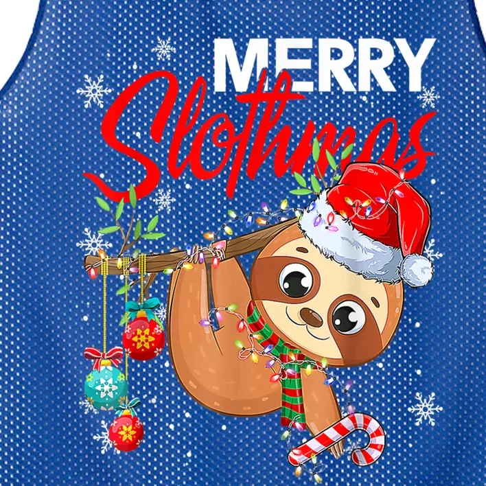 Merry Slothmas Funny Christmas Lights Pajama For Sloth Lover Gift Mesh Reversible Basketball Jersey Tank