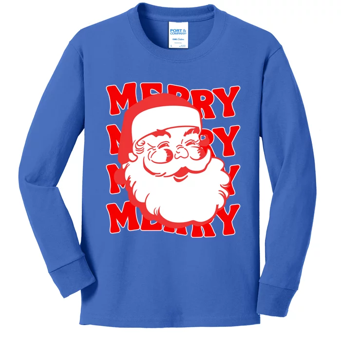 Merry Santa Face Retro Groovy Christmas Gift Kids Long Sleeve Shirt