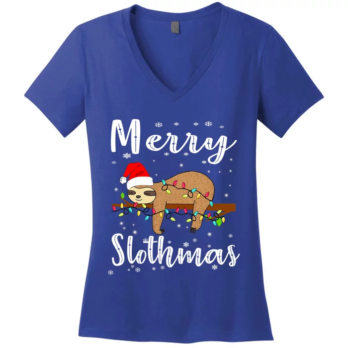 Merry Slothmas Funny Christmas Lights Pajama For Sloth Lover Gift Women's V-Neck T-Shirt