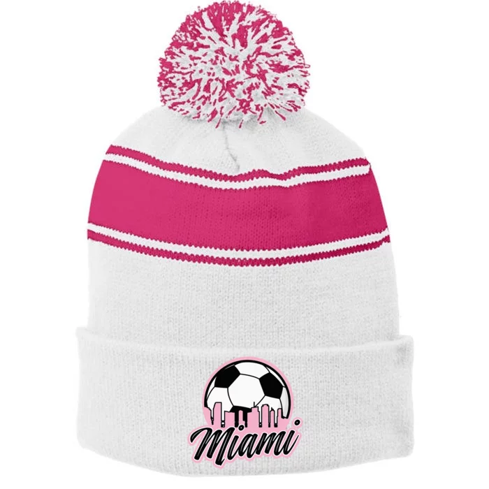 Miami Soccer Fans Related Products Stripe Pom Pom Beanie