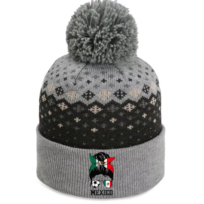 Mexican Soccer Girl Mom Messy Bun Mexico Flag Football Fan The Baniff Cuffed Pom Beanie