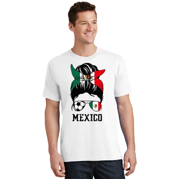 Mexican Soccer Girl Mom Messy Bun Mexico Flag Football Fan T-Shirt