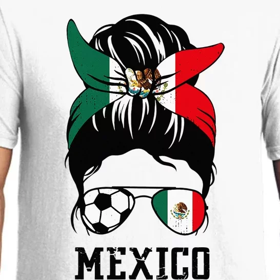 Mexican Soccer Girl Mom Messy Bun Mexico Flag Football Fan Pajama Set