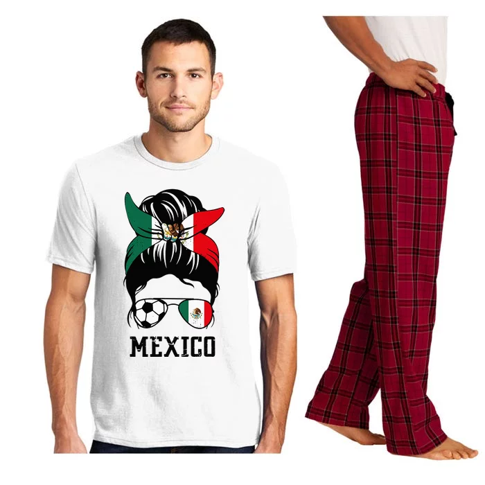 Mexican Soccer Girl Mom Messy Bun Mexico Flag Football Fan Pajama Set