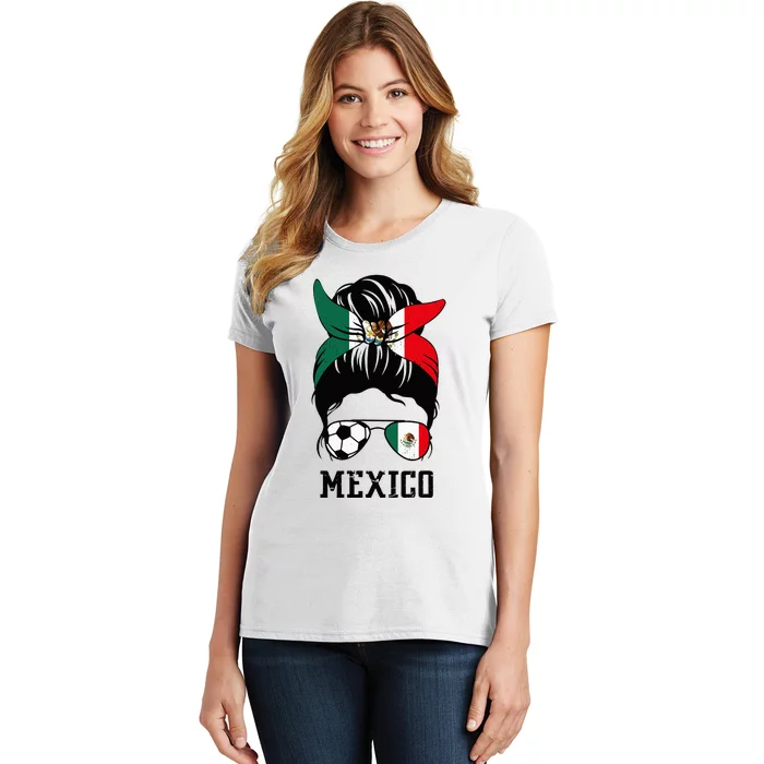 Mexican Soccer Girl Mom Messy Bun Mexico Flag Football Fan Women's T-Shirt