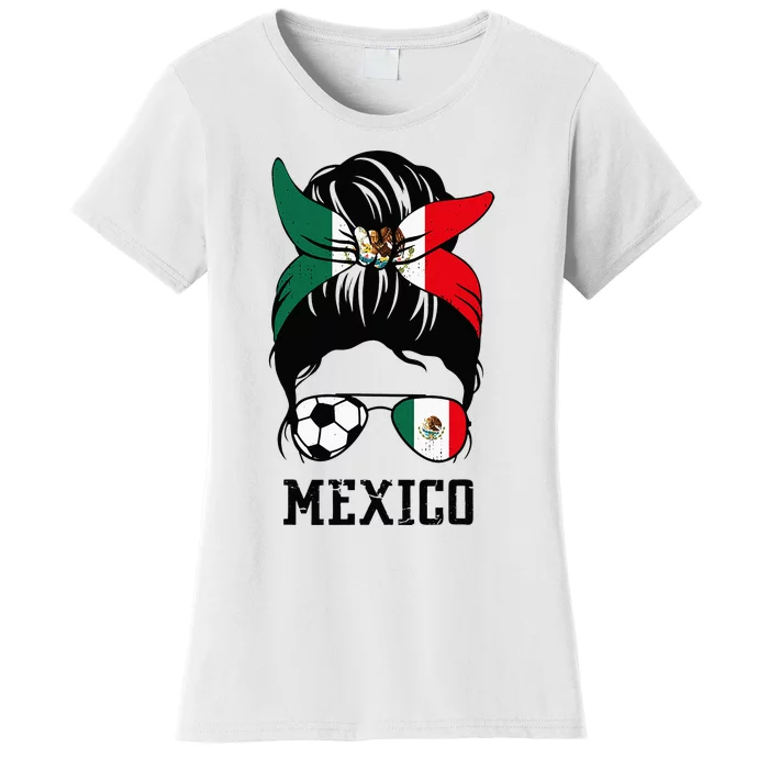 Mexican Soccer Girl Mom Messy Bun Mexico Flag Football Fan Women's T-Shirt