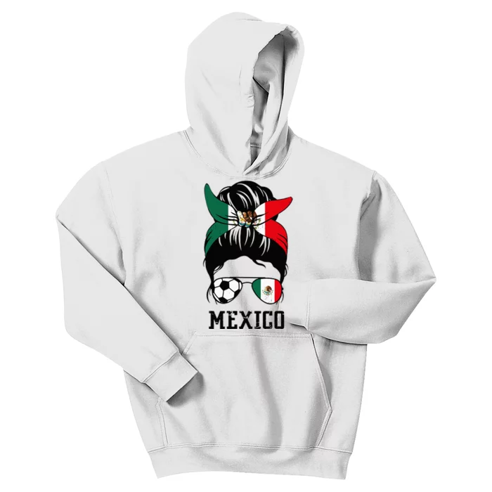 Mexican Soccer Girl Mom Messy Bun Mexico Flag Football Fan Kids Hoodie