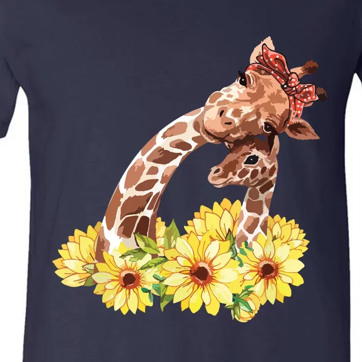 Mom Sunflower Gift Safari Africa Animal Giraffe V-Neck T-Shirt