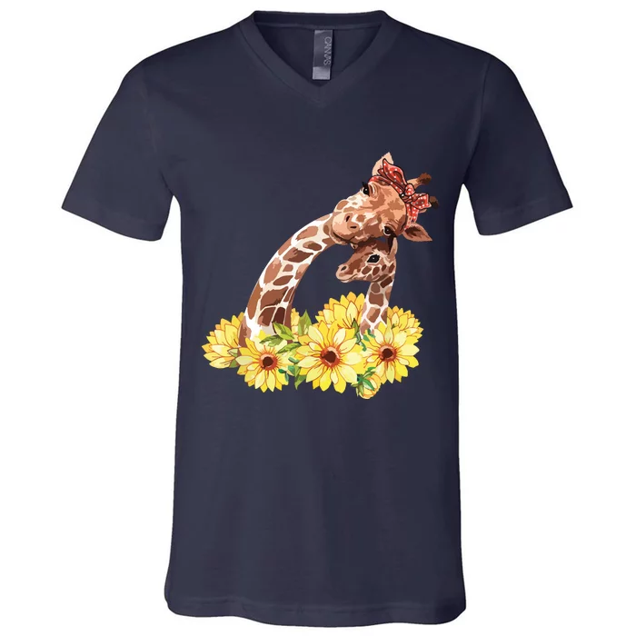 Mom Sunflower Gift Safari Africa Animal Giraffe V-Neck T-Shirt