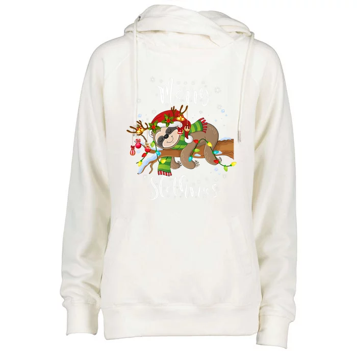 Merry Slothmas Gift Christmas Funny Cute Sloth Gift Womens Funnel Neck Pullover Hood