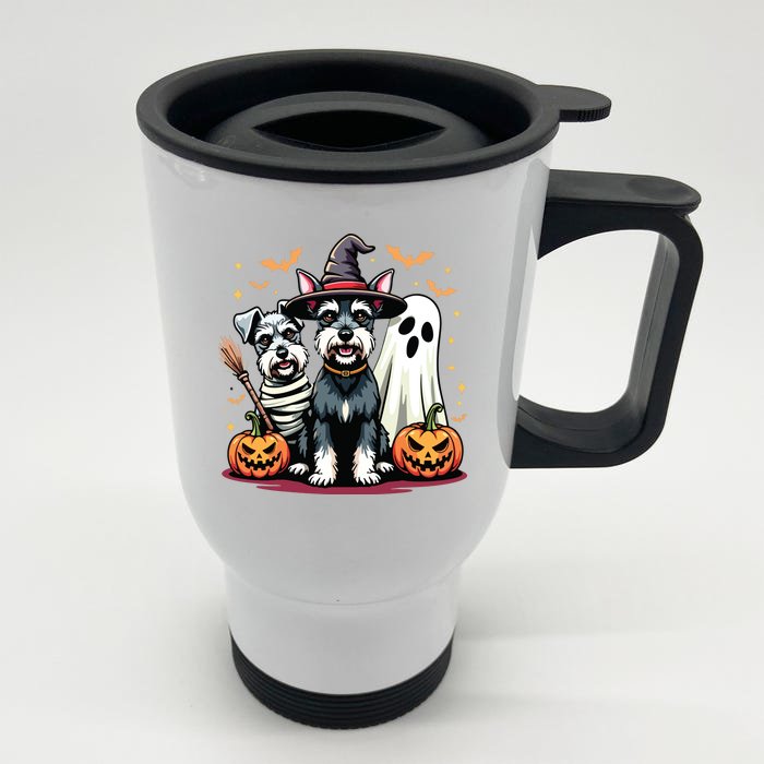 Miniature Schnauzer Halloween Costume Mummy Witch Ghost Dog Front & Back Stainless Steel Travel Mug