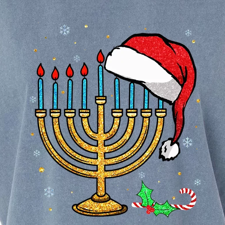 Menorah Santa Hat Chanukah Hanukkah Jewish Christmas Pajama Garment-Dyed Women's Muscle Tee