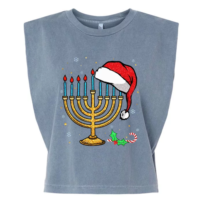 Menorah Santa Hat Chanukah Hanukkah Jewish Christmas Pajama Garment-Dyed Women's Muscle Tee