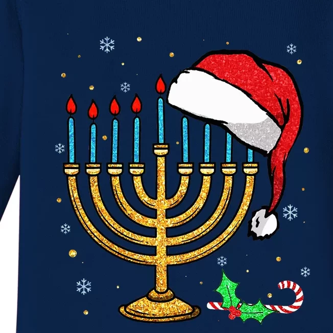 Menorah Santa Hat Chanukah Hanukkah Jewish Christmas Pajama Baby Long Sleeve Bodysuit