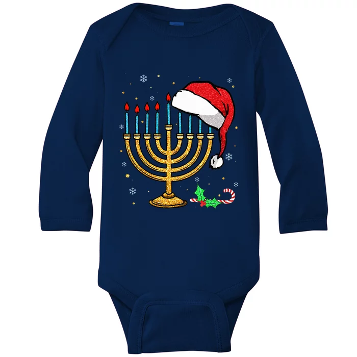 Menorah Santa Hat Chanukah Hanukkah Jewish Christmas Pajama Baby Long Sleeve Bodysuit