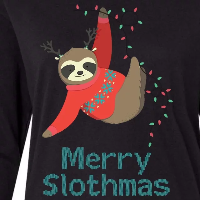 Merry Slothmas Hanging On Christmas Lights Womens Cotton Relaxed Long Sleeve T-Shirt