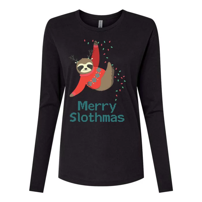 Merry Slothmas Hanging On Christmas Lights Womens Cotton Relaxed Long Sleeve T-Shirt