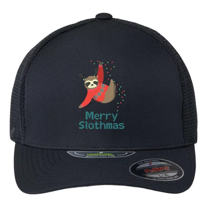 Merry Slothmas Hanging On Christmas Lights Flexfit Unipanel Trucker Cap