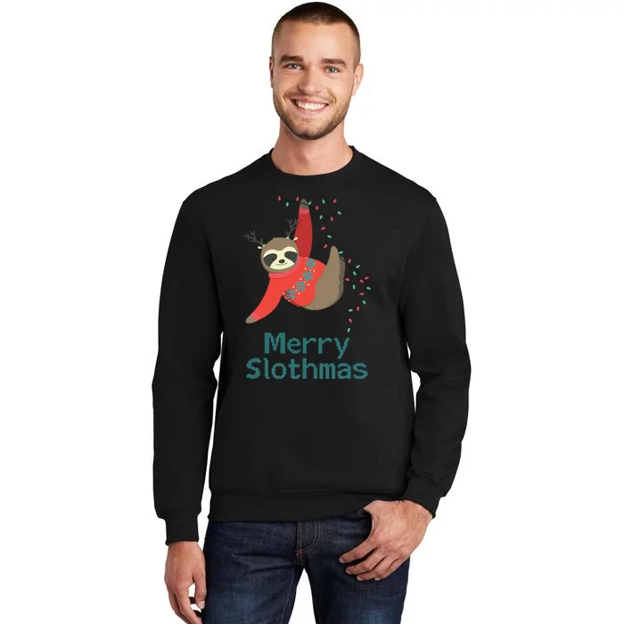 Merry Slothmas Hanging On Christmas Lights Tall Sweatshirt