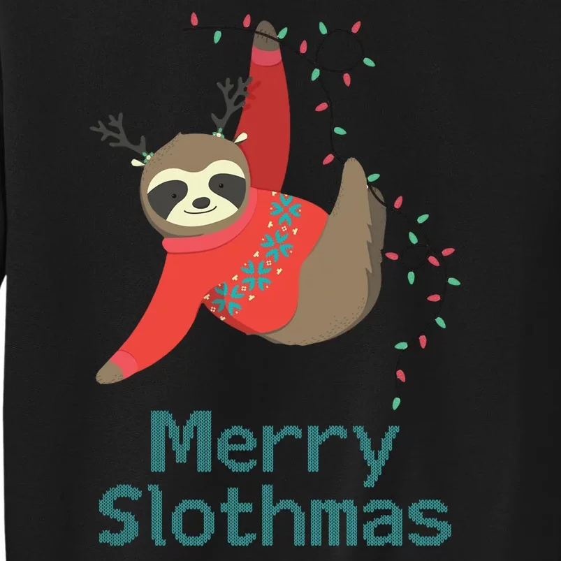 Merry Slothmas Hanging On Christmas Lights Tall Sweatshirt