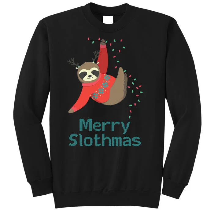 Merry Slothmas Hanging On Christmas Lights Tall Sweatshirt