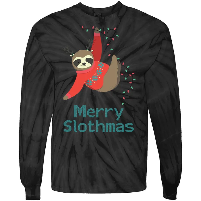 Merry Slothmas Hanging On Christmas Lights Tie-Dye Long Sleeve Shirt