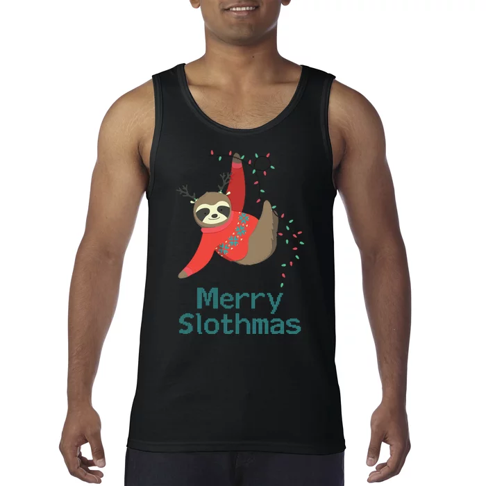 Merry Slothmas Hanging On Christmas Lights Tank Top