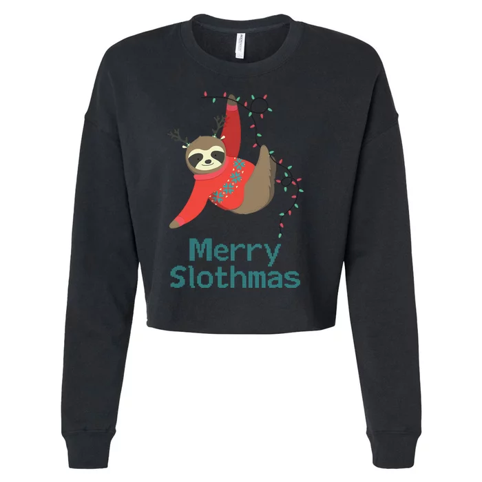 Merry Slothmas Hanging On Christmas Lights Cropped Pullover Crew