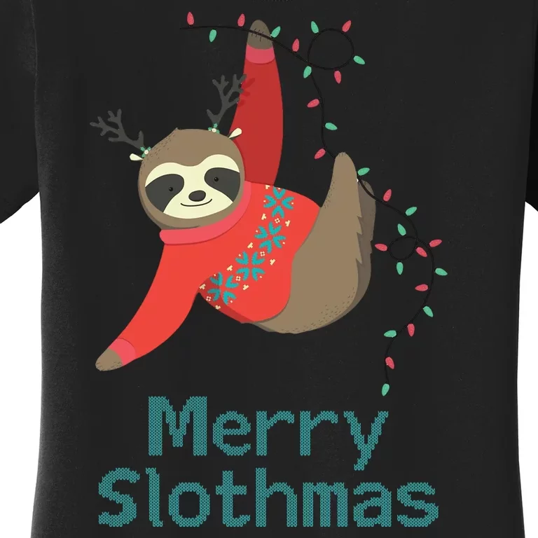 Merry Slothmas Hanging On Christmas Lights Women's T-Shirt