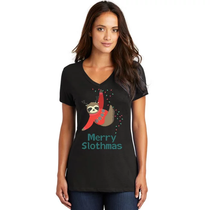 Merry Slothmas Hanging On Christmas Lights Women's V-Neck T-Shirt