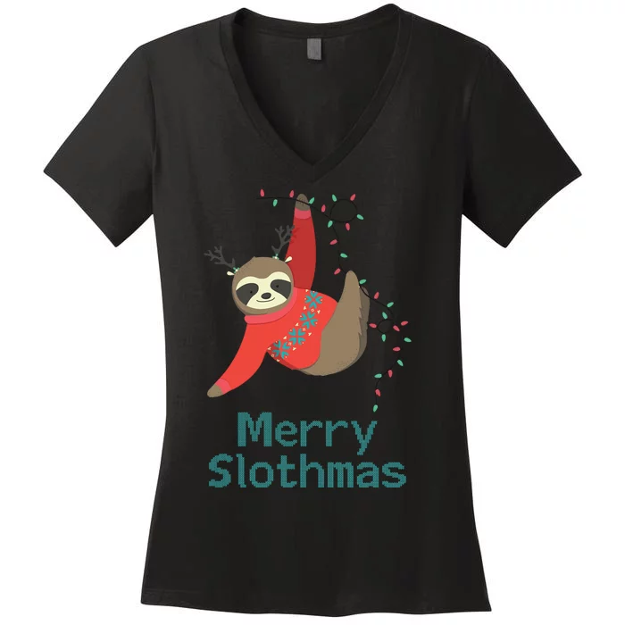 Merry Slothmas Hanging On Christmas Lights Women's V-Neck T-Shirt