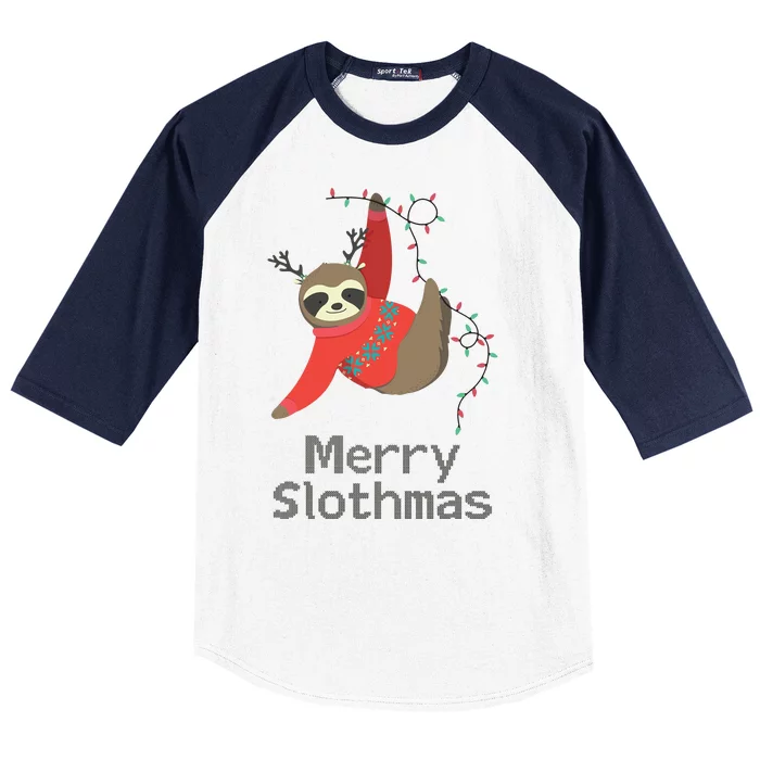 Merry Slothmas Hanging On Christmas Lights Baseball Sleeve Shirt