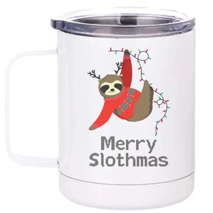 Merry Slothmas Hanging On Christmas Lights Front & Back 12oz Stainless Steel Tumbler Cup