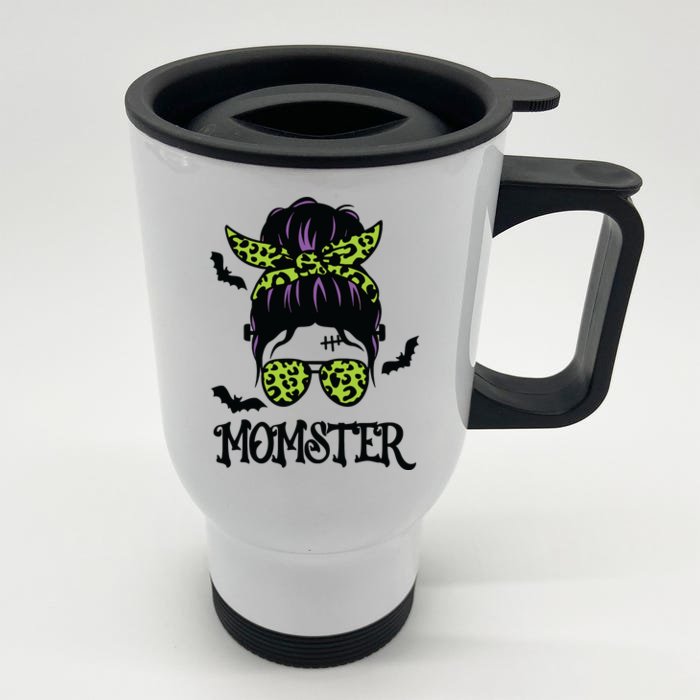 Momster Shirts Halloween Messy Bun MomSter Front & Back Stainless Steel Travel Mug