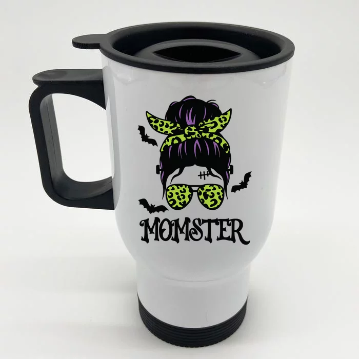 Momster Shirts Halloween Messy Bun MomSter Front & Back Stainless Steel Travel Mug