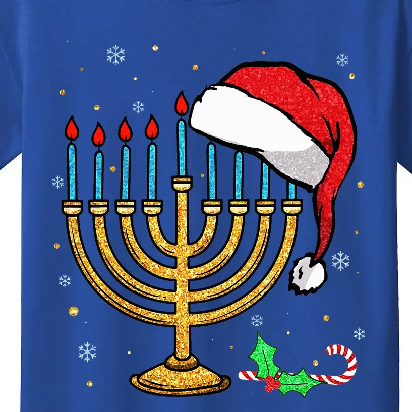 Menorah Santa Hat Chanukah Hanukkah Jewish Christmas Pajama Kids T-Shirt