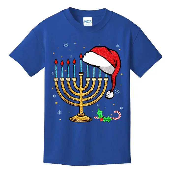 Menorah Santa Hat Chanukah Hanukkah Jewish Christmas Pajama Kids T-Shirt