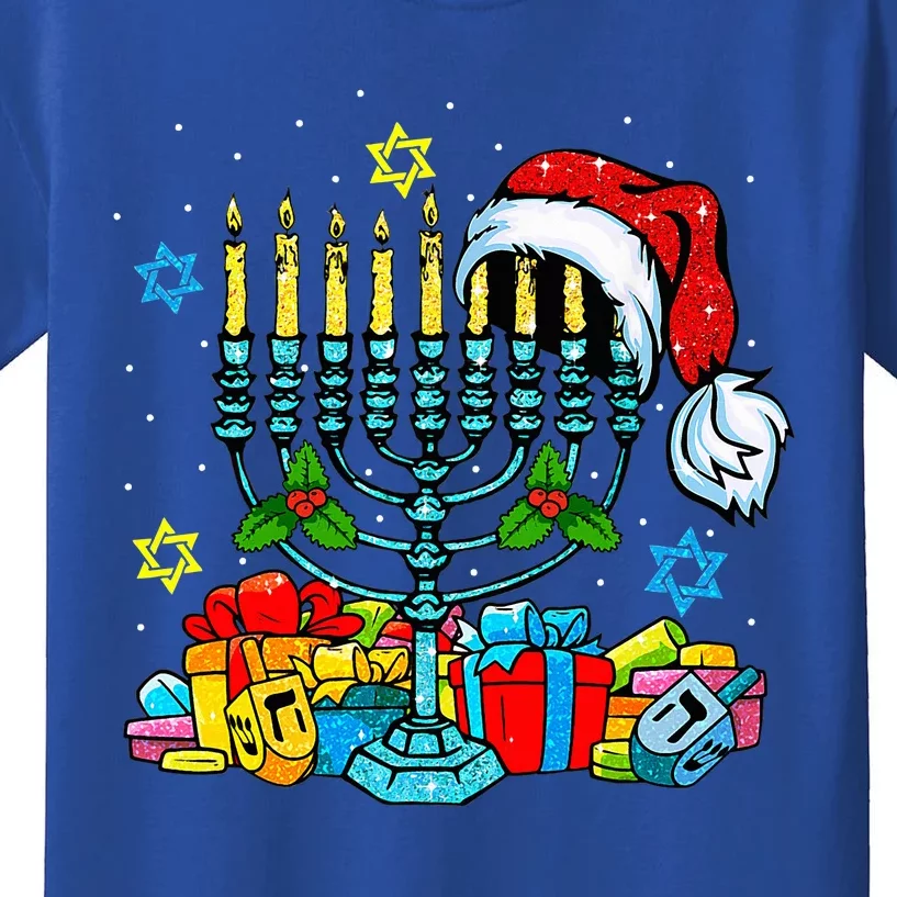 Menorah Santa Hat Chanukah Hanukkah Jewish Christmas Pajama Kids T-Shirt