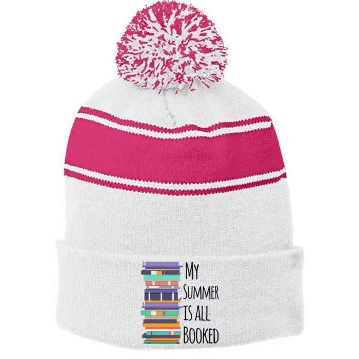 My Summer Is All Booked Book Reading Funny Bookworm Stripe Pom Pom Beanie