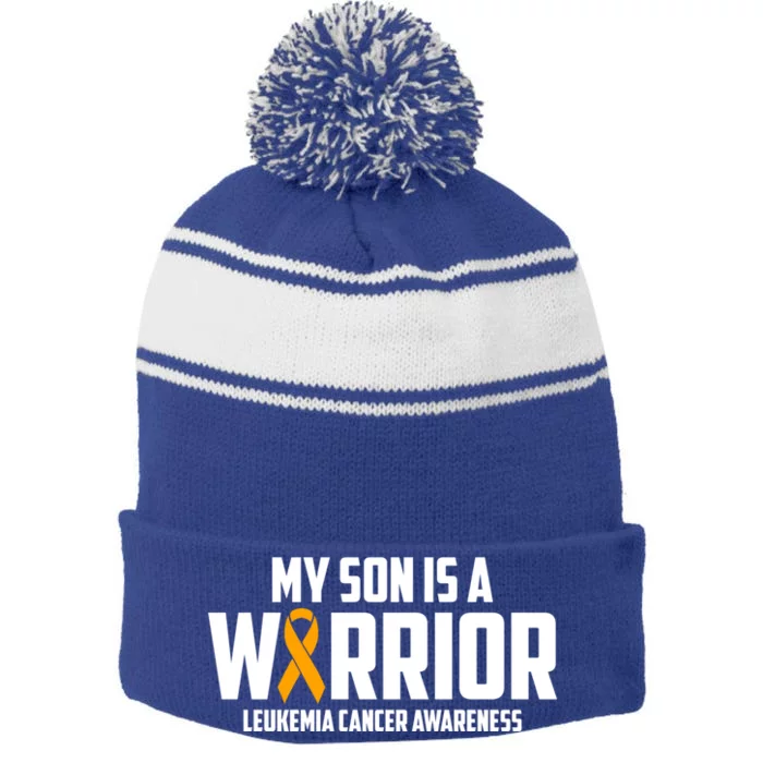 My Son Is A Warrior Leukemia Cancer Blood Awareness Month Gift Stripe Pom Pom Beanie